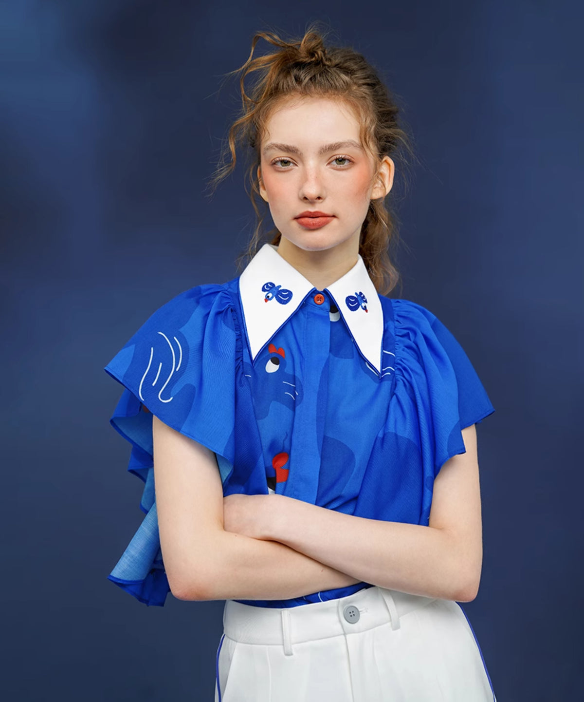 Blue Bird Ruffle Sleeve Blouse