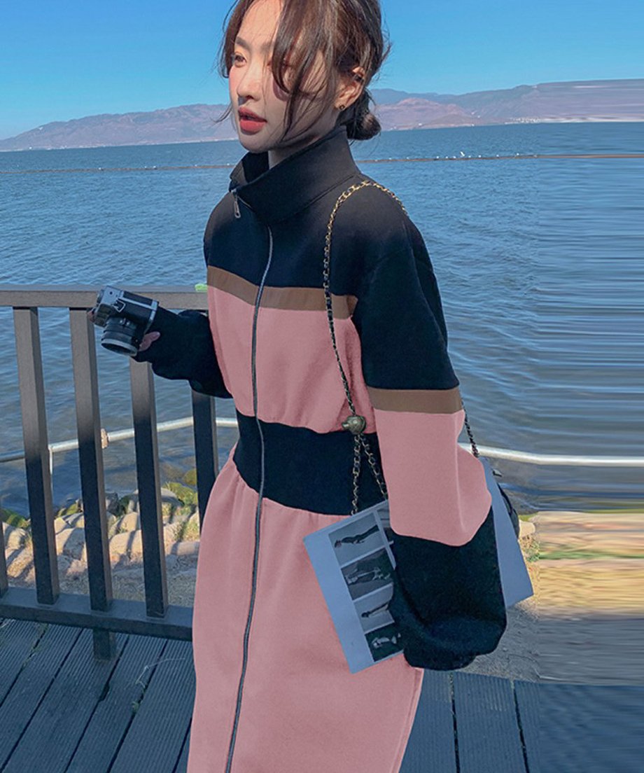 Color Block Zip-Up Long Dress
