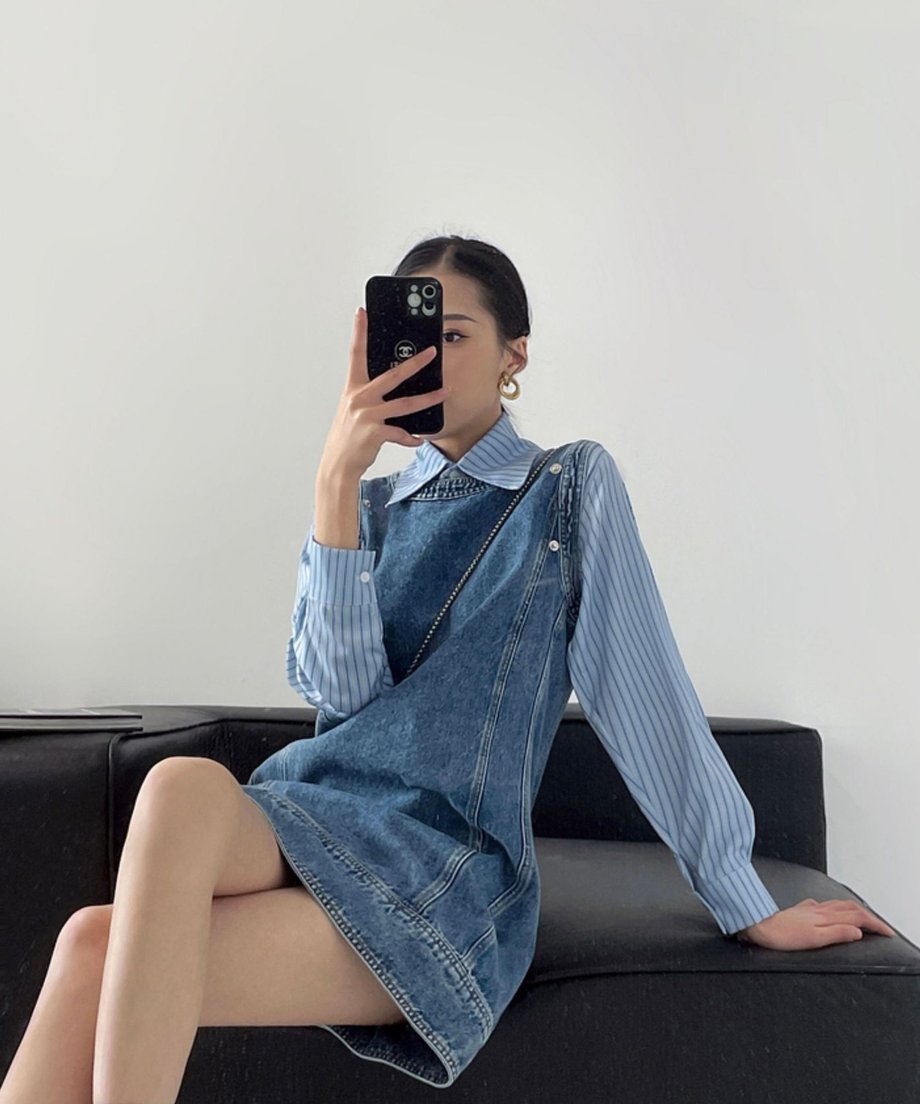Detachable Sleeve Denim Mini Dress