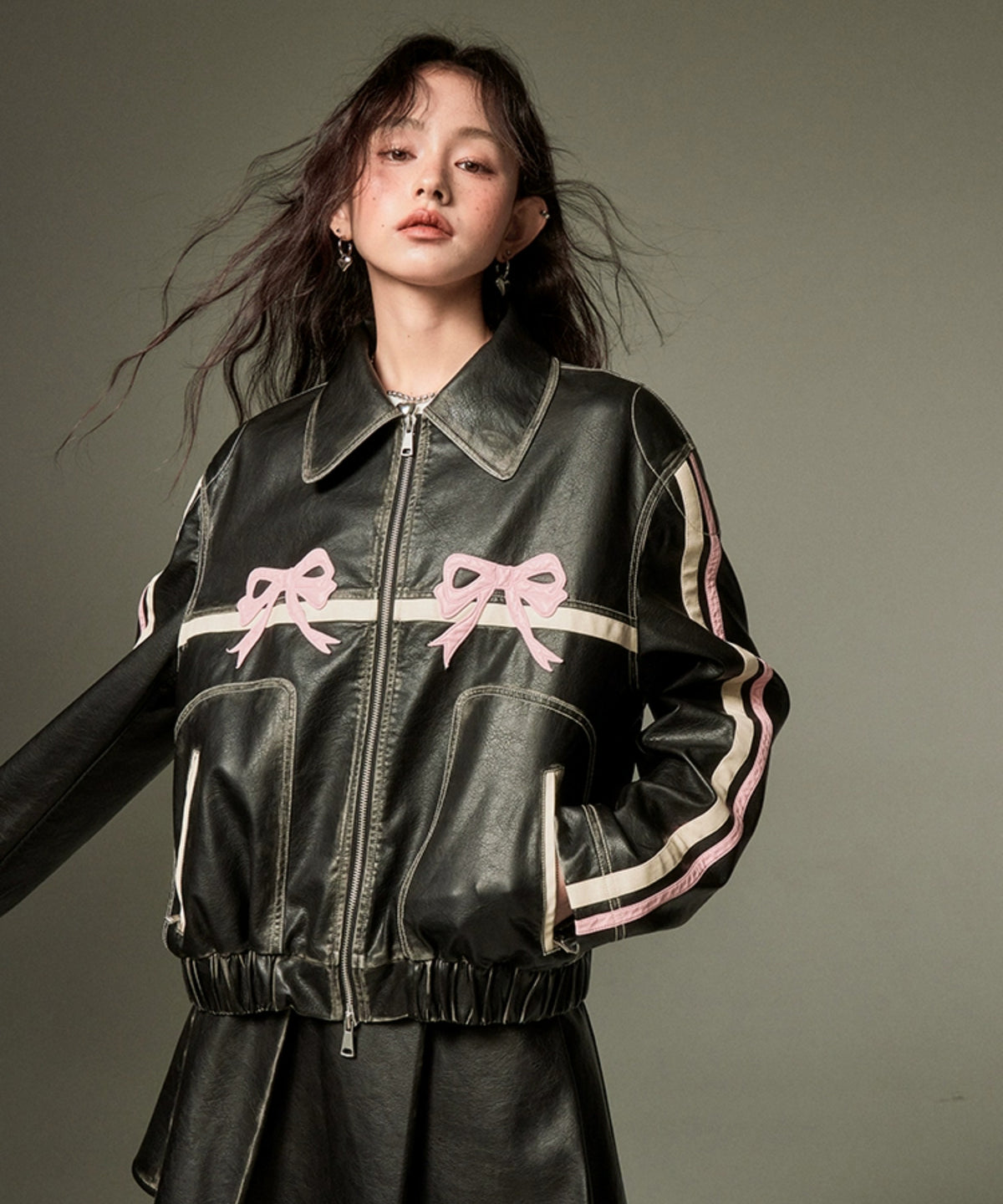 Ribbon Patchwork Faux Leather Jacket