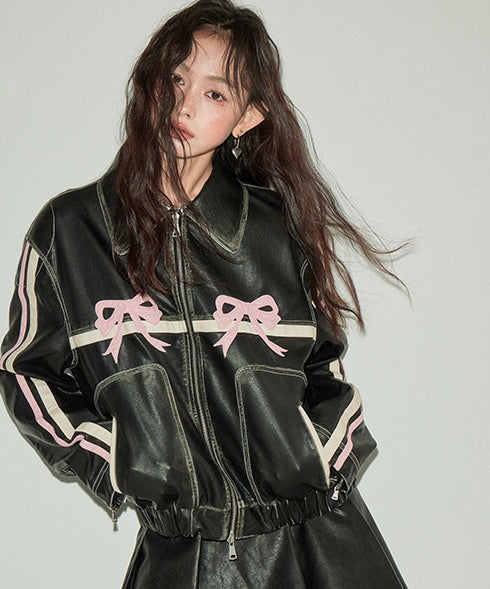Ribbon Patchwork Faux Leather Jacket