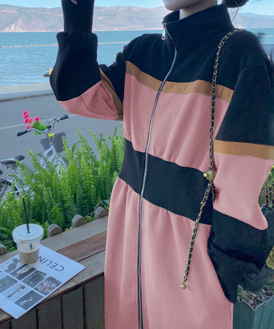 Color Block Zip-Up Long Dress