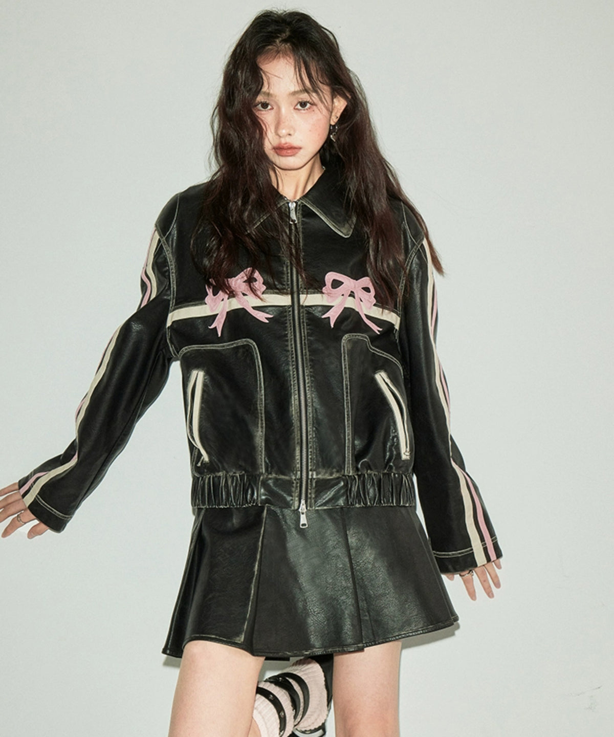 Ribbon Patchwork Faux Leather Jacket