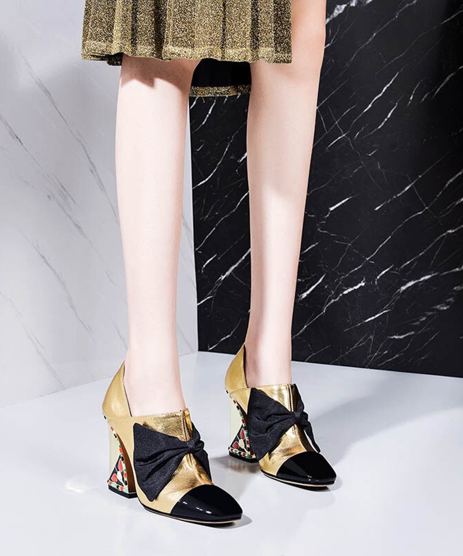Metallic Bow Block Heel Shoes