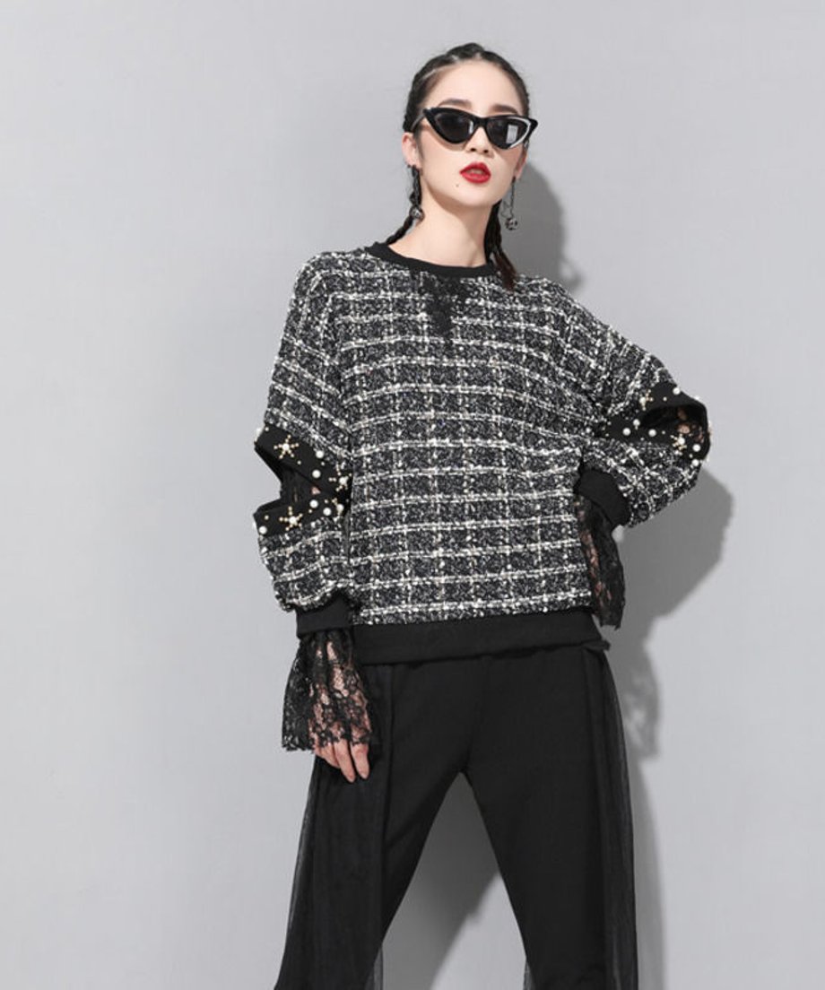 Cuff Lace Tweed Top