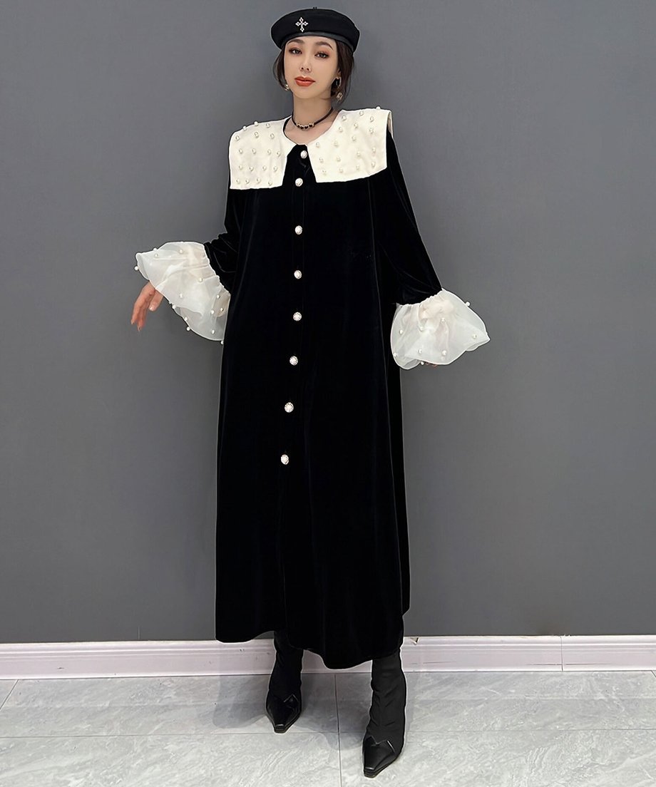 Velvet Pearl Collar Long Dress