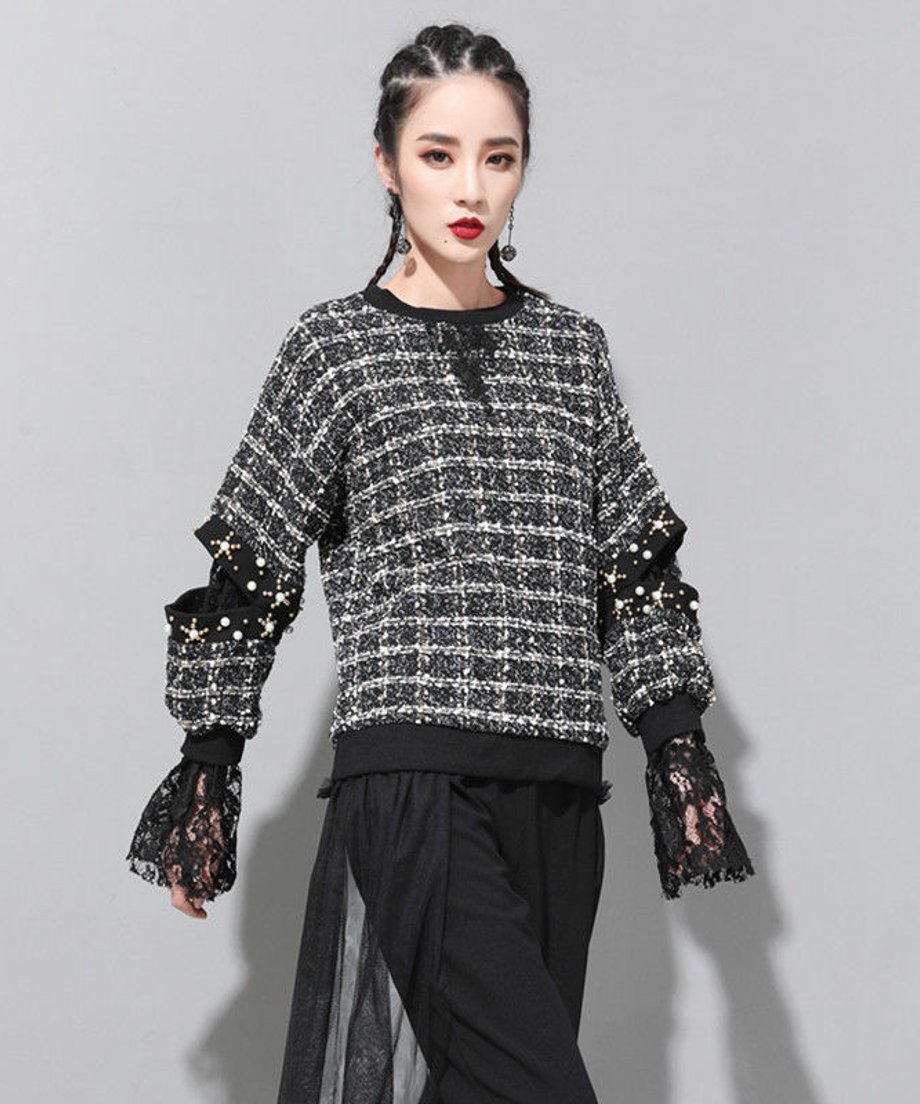 Cuff Lace Tweed Top