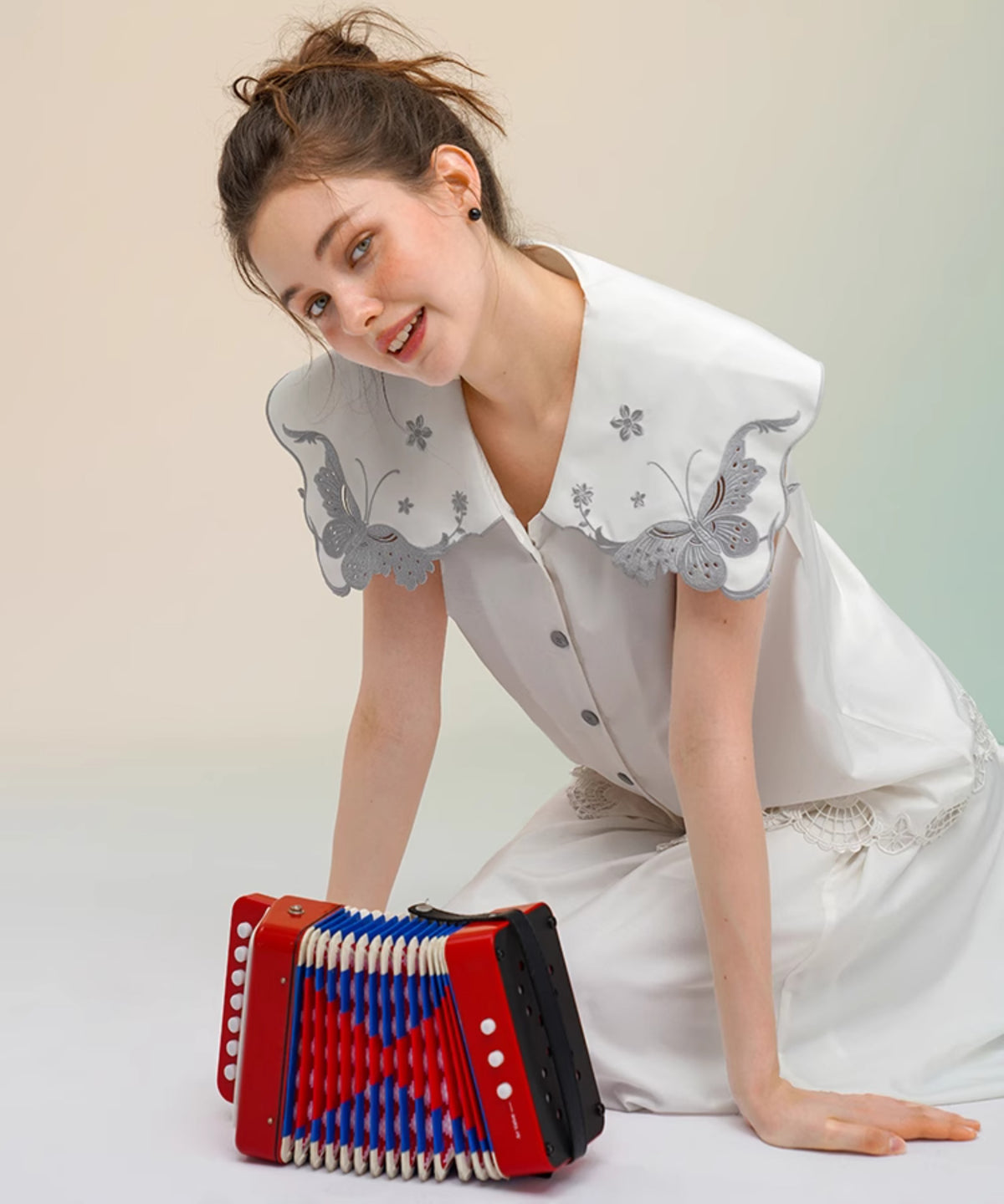 Butterfly Embroidery Collar Blouse