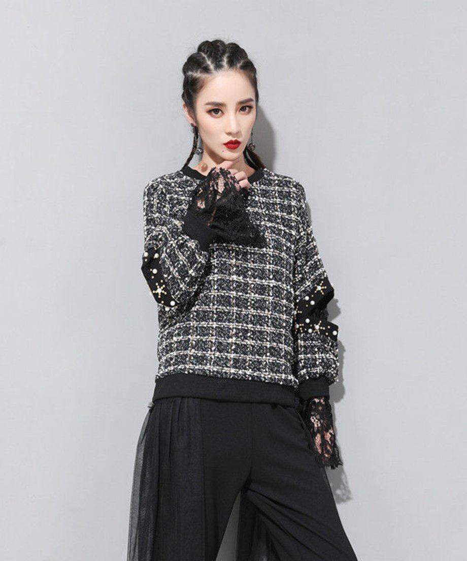 Cuff Lace Tweed Top