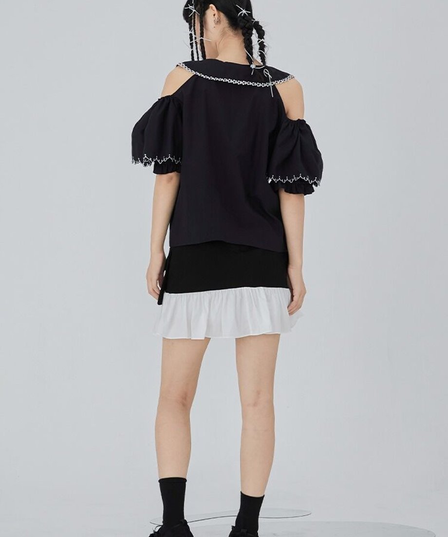 Lace Trim Cold Shoulder Blouse