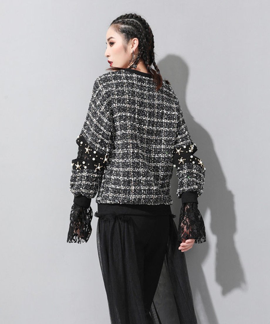 Cuff Lace Tweed Top