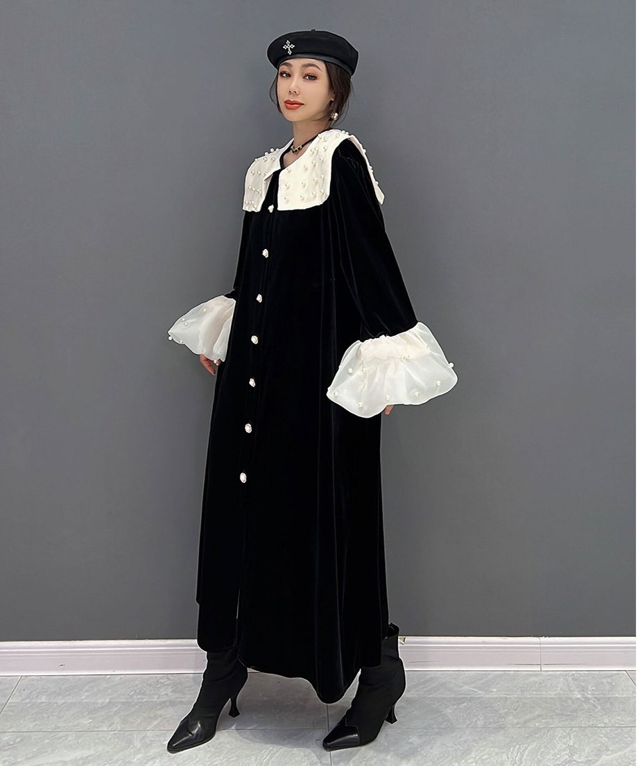 Velvet Pearl Collar Long Dress