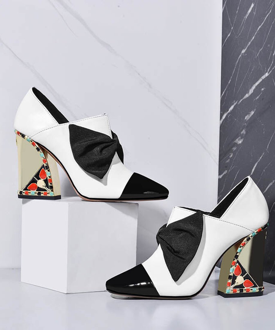 Metallic Bow Block Heel Shoes