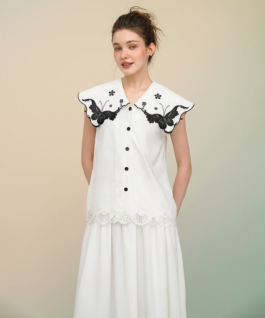 Butterfly Embroidery Collar Blouse